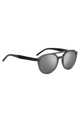 Double-bridge sunglasses in grey acetate with patterned temples, Grey
