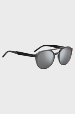 Double-bridge sunglasses in grey acetate with patterned temples, Grey