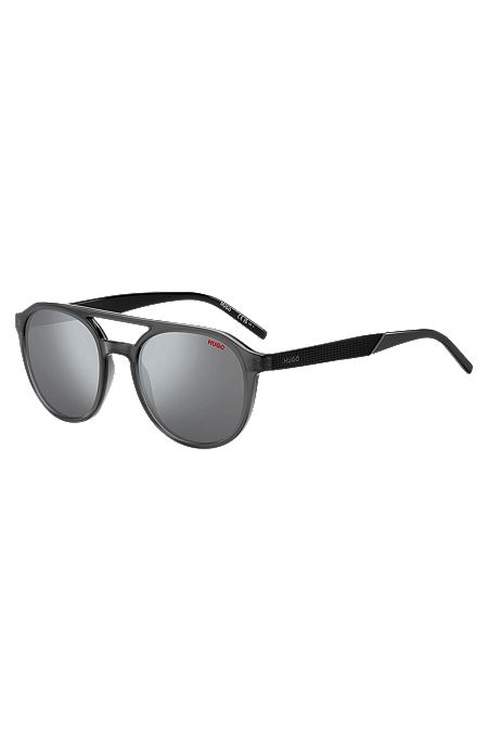 Double-bridge sunglasses in grey acetate with patterned temples, Grey
