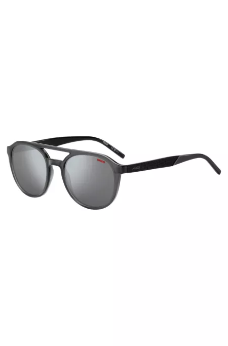 Double-bridge sunglasses in grey acetate with patterned temples