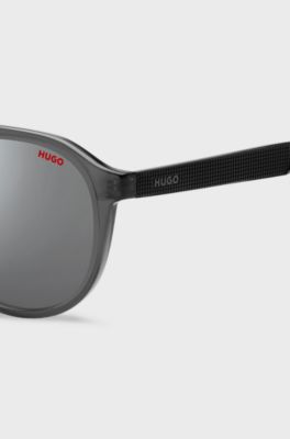 Double-bridge sunglasses in grey acetate with patterned temples, Grey