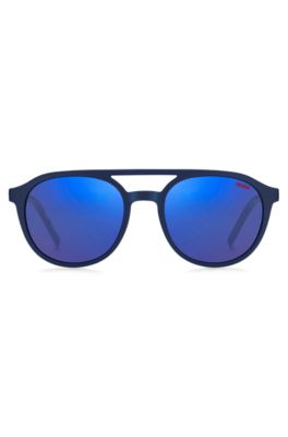 Navy-acetate sunglasses with blue lenses and patterned temples, Blue