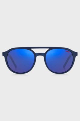 Navy-acetate sunglasses with blue lenses and patterned temples, Blue