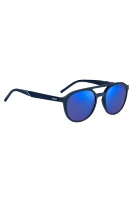 Navy-acetate sunglasses with blue lenses and patterned temples, Blue