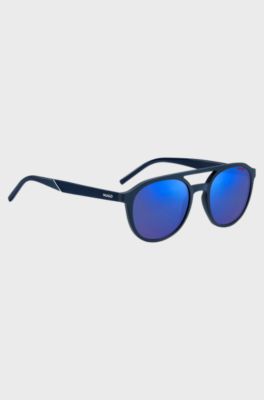 Navy-acetate sunglasses with blue lenses and patterned temples, Blue