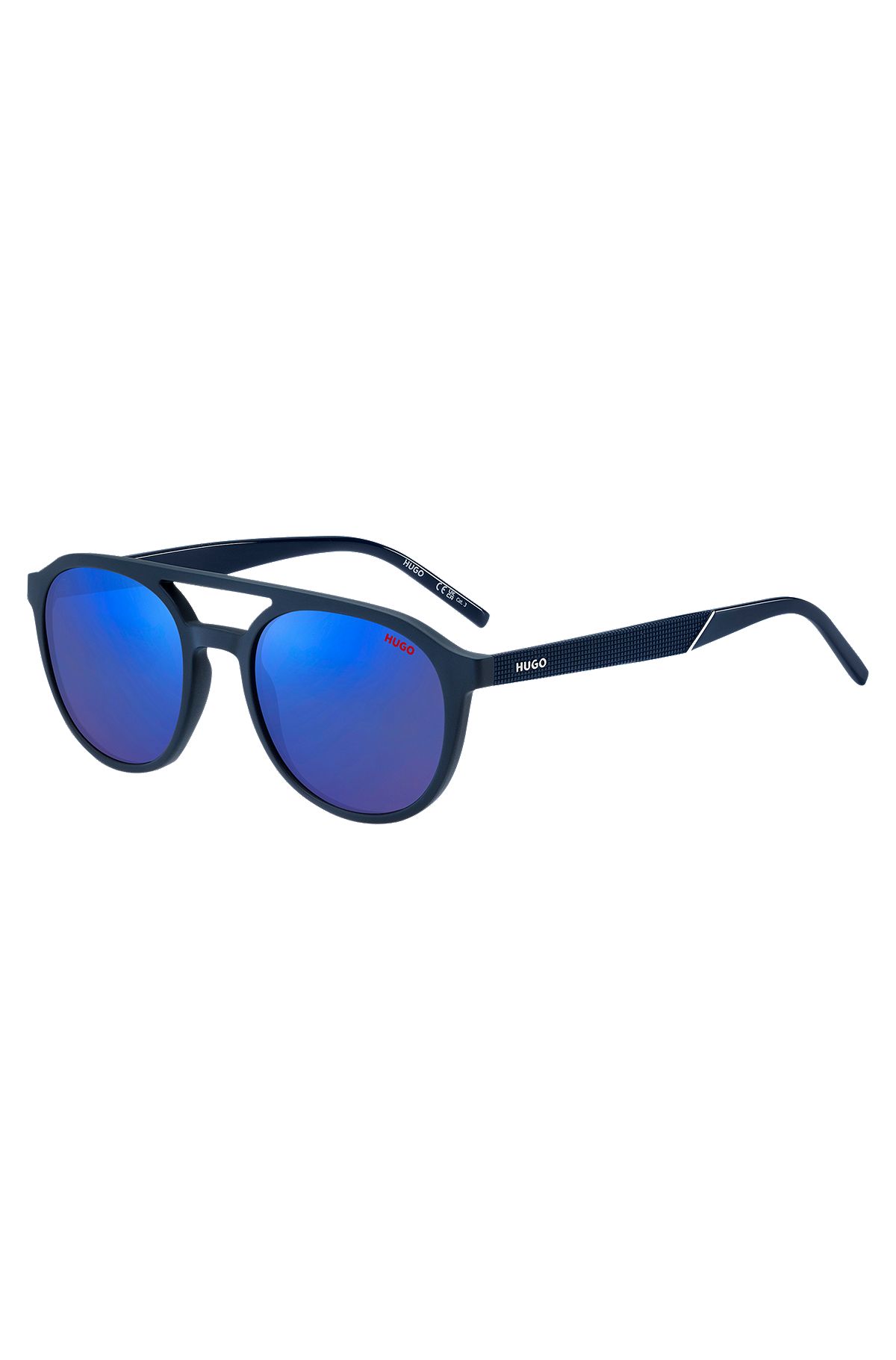 Sonnenbrille aus marineblauem Acetat mit blauen Gläsern und gemusterten Bügeln, Blau