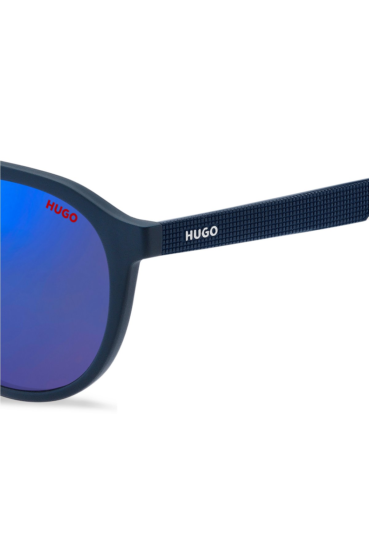 Navy-acetate sunglasses with blue lenses and patterned temples, Blue