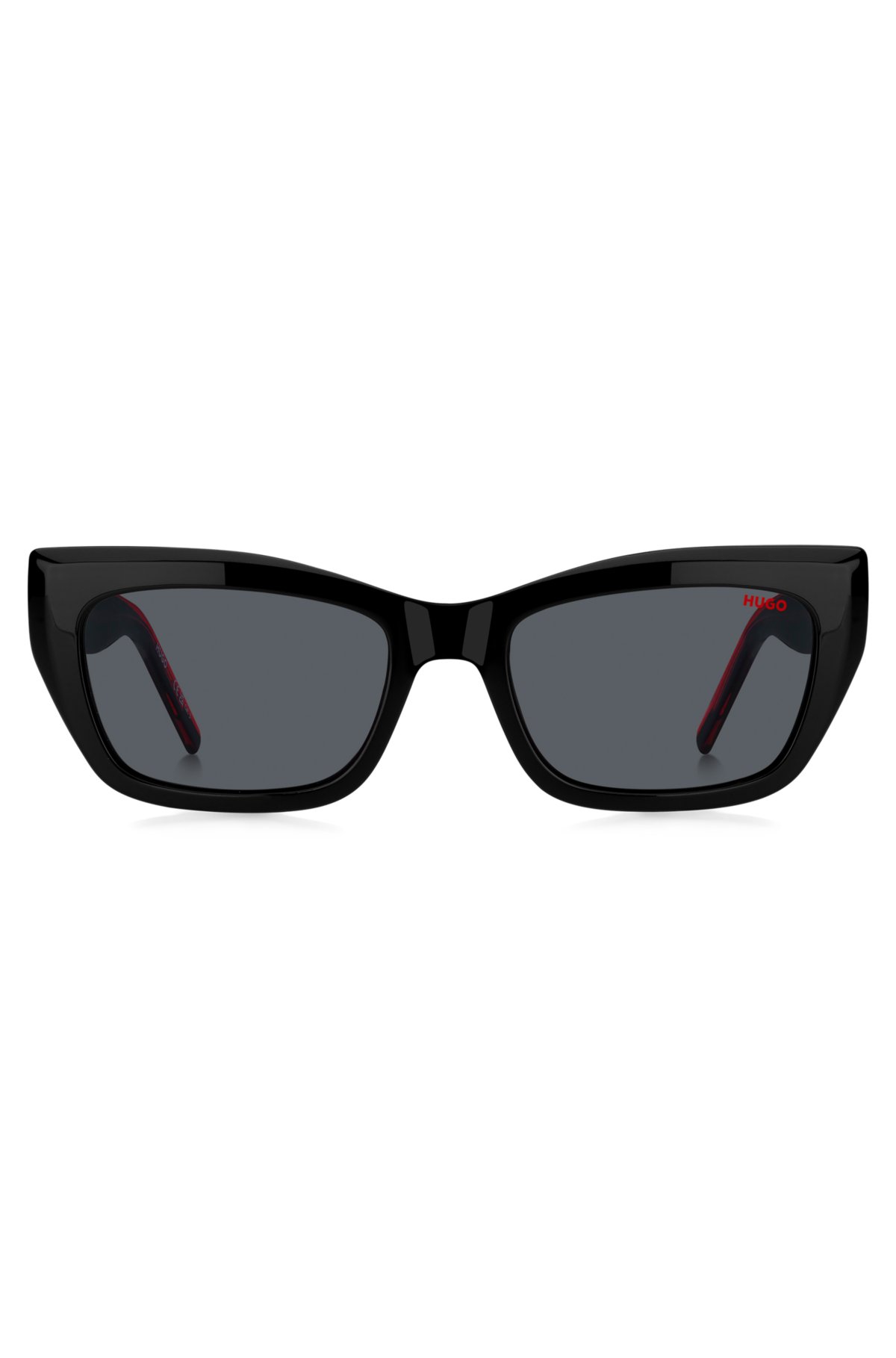 Black-acetate sunglasses with signature-red layered temples, Black