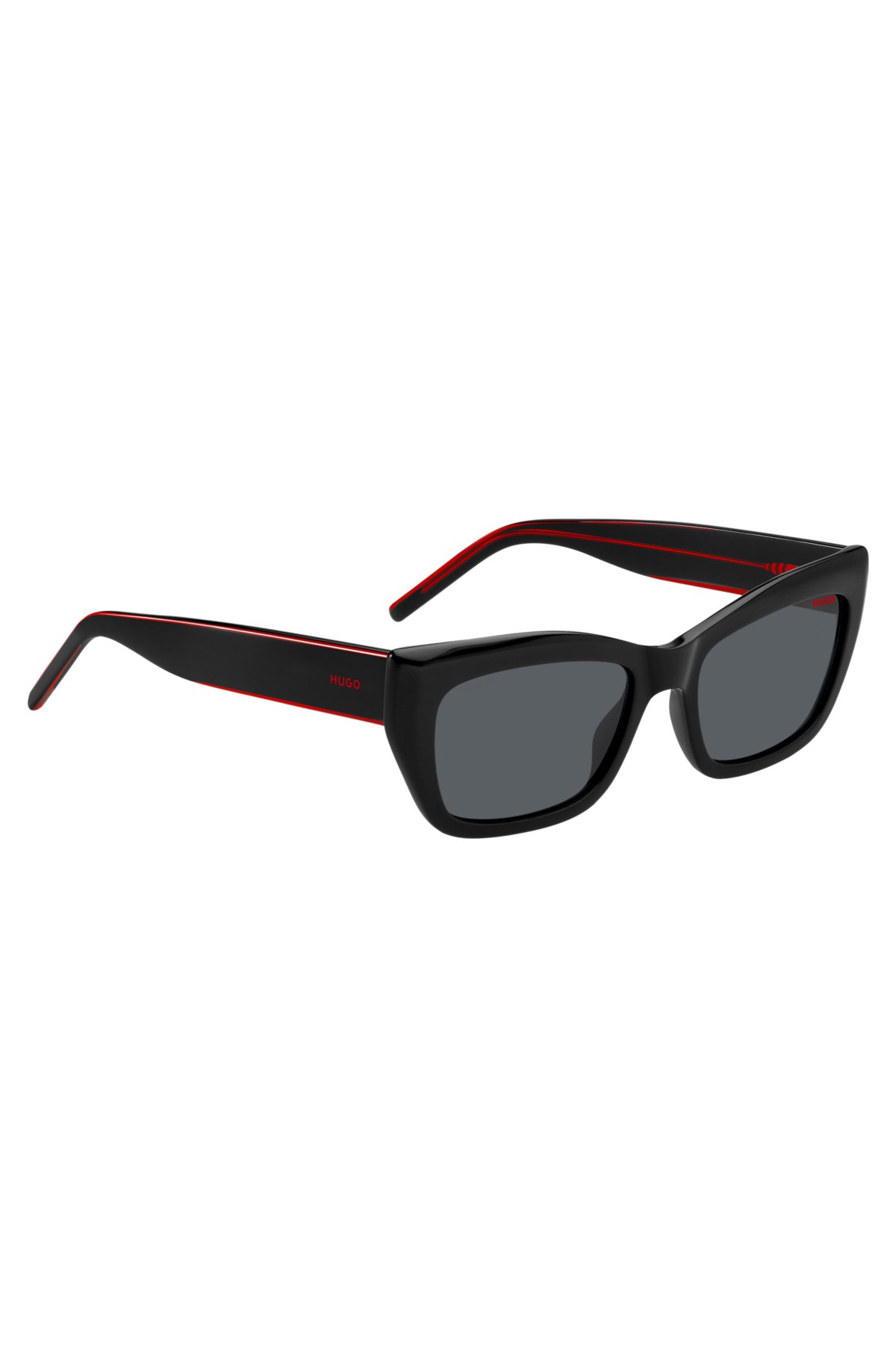 Black-acetate sunglasses with signature-red layered temples, Black