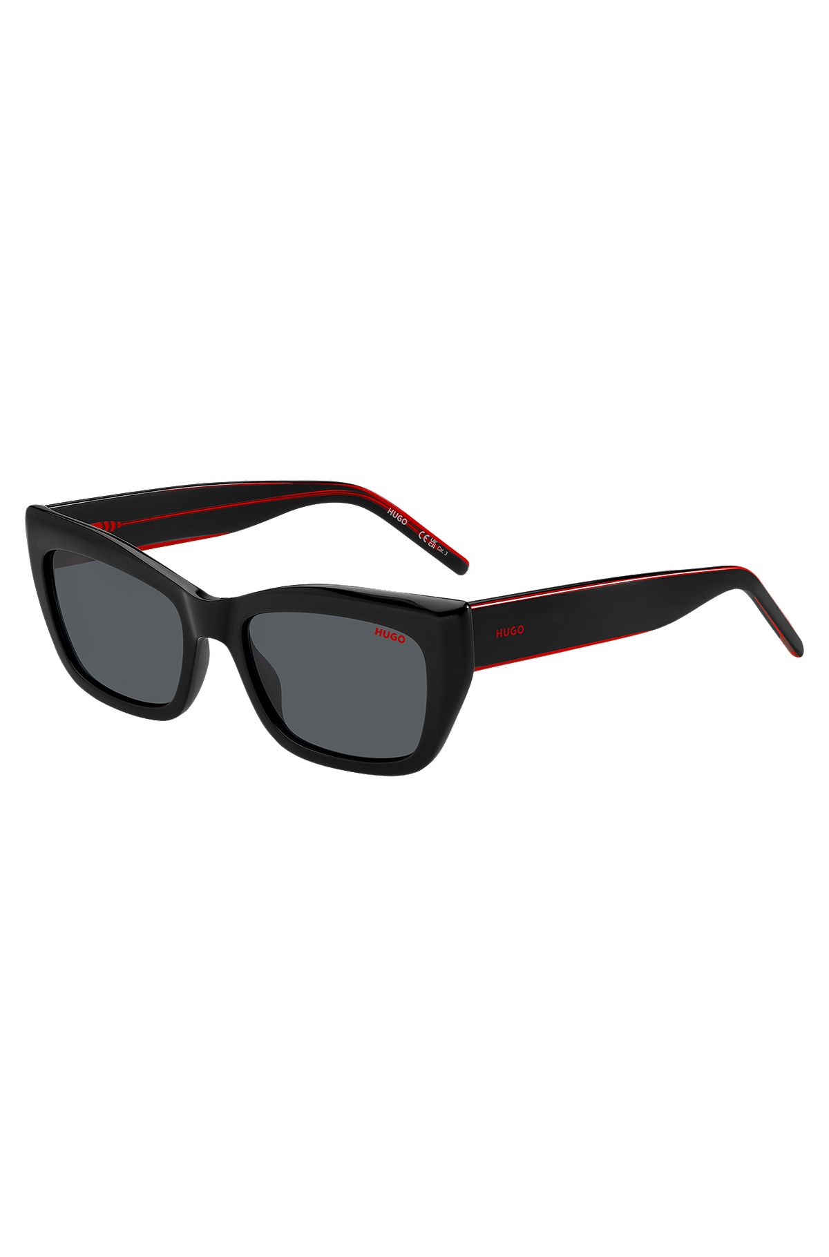 Sonnenbrille aus schwarzem Acetat mit mehrlagigen Bügeln in Signature-Rot, Schwarz