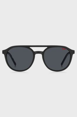 Matte-black sunglasses with patterned temples, Black