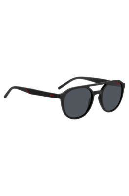 Matte-black sunglasses with patterned temples, Black