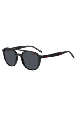 Matte-black sunglasses with patterned temples, Black