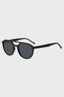 Matte-black sunglasses with patterned temples, Black