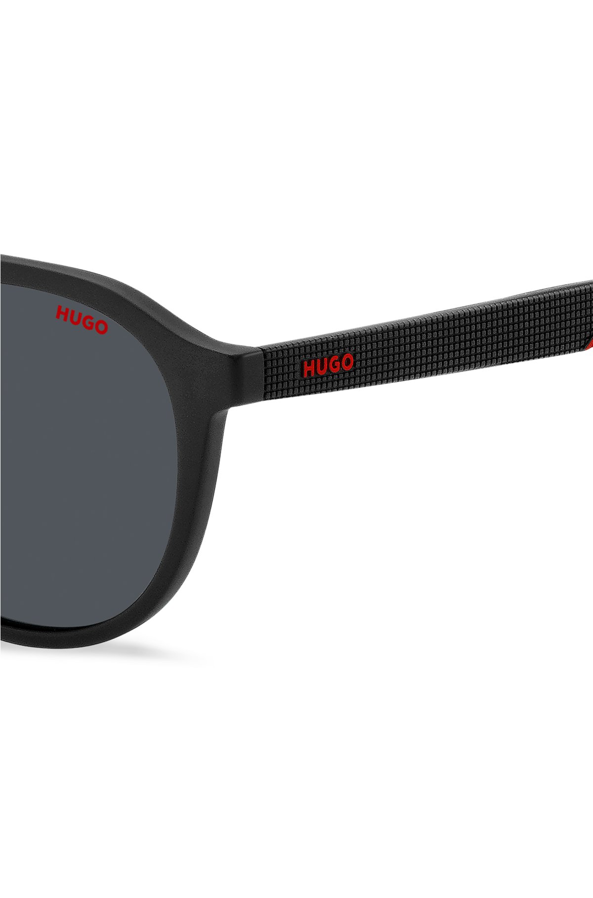 Matte-black sunglasses with patterned temples, Black
