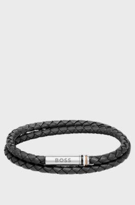 Double-wrap cuff in black braided leather, Black