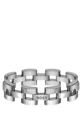 Link-style cuff in polished steel with branded detail, Silver tone
