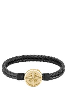 Armband goldfarbenem mit Schwarzes Kompass aus geflochtenem BOSS Leder -