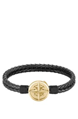 BOSS - Kompass goldfarbenem geflochtenem aus Armband Leder Schwarzes mit