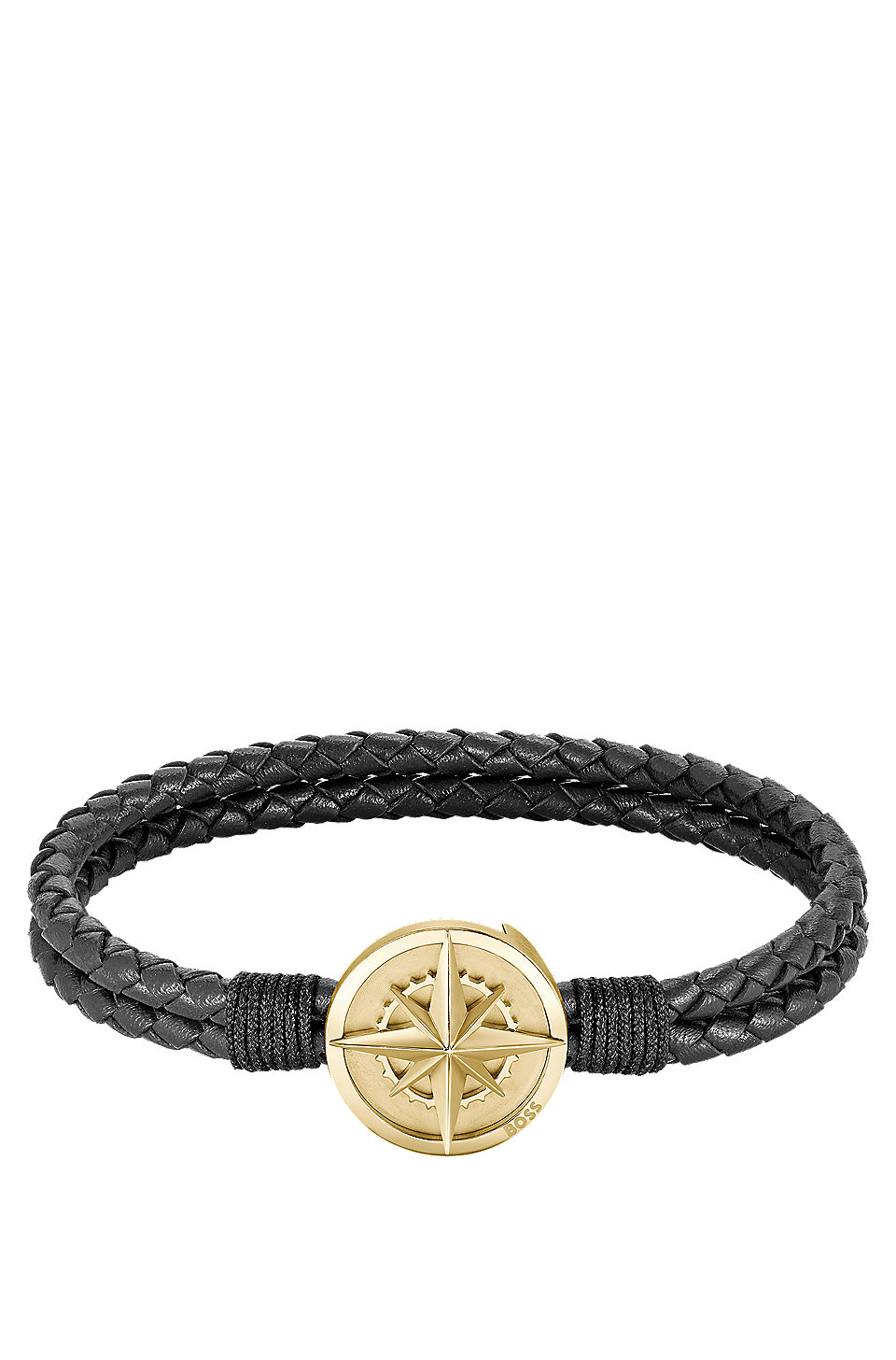 BOSS - Schwarzes Armband aus geflochtenem Leder mit goldfarbenem Kompass