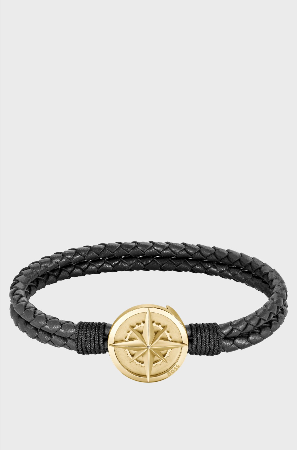 Braided black leather cuff with golden-tone compass plate, Black