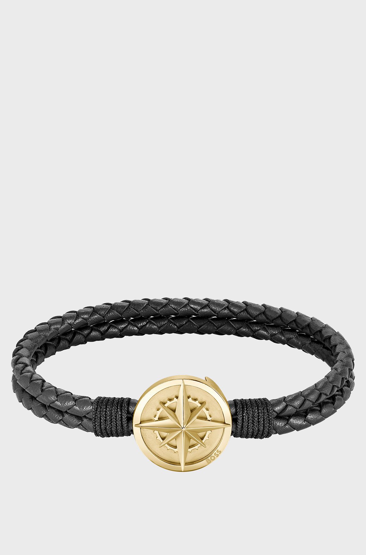 Braided black leather cuff with golden-tone compass plate, Black