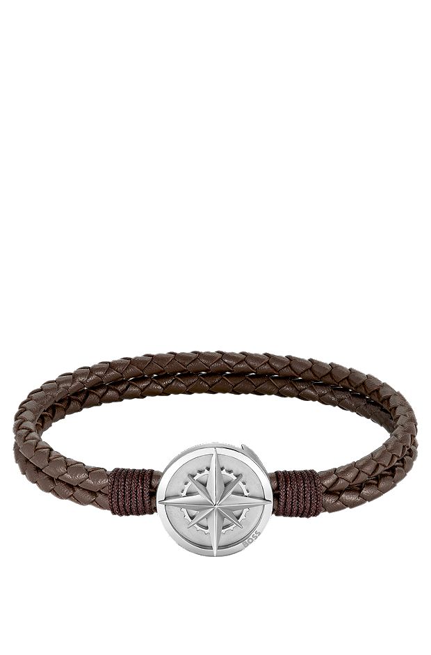 Braided brown leather cuff with silver-tone compass plate, Dark Brown