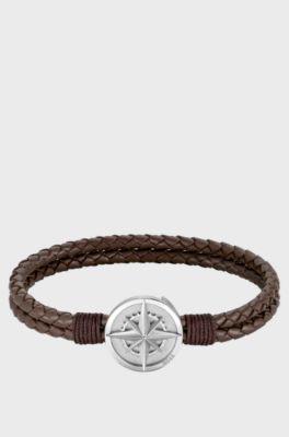 Braided brown leather cuff with silver-tone compass plate, Dark Brown