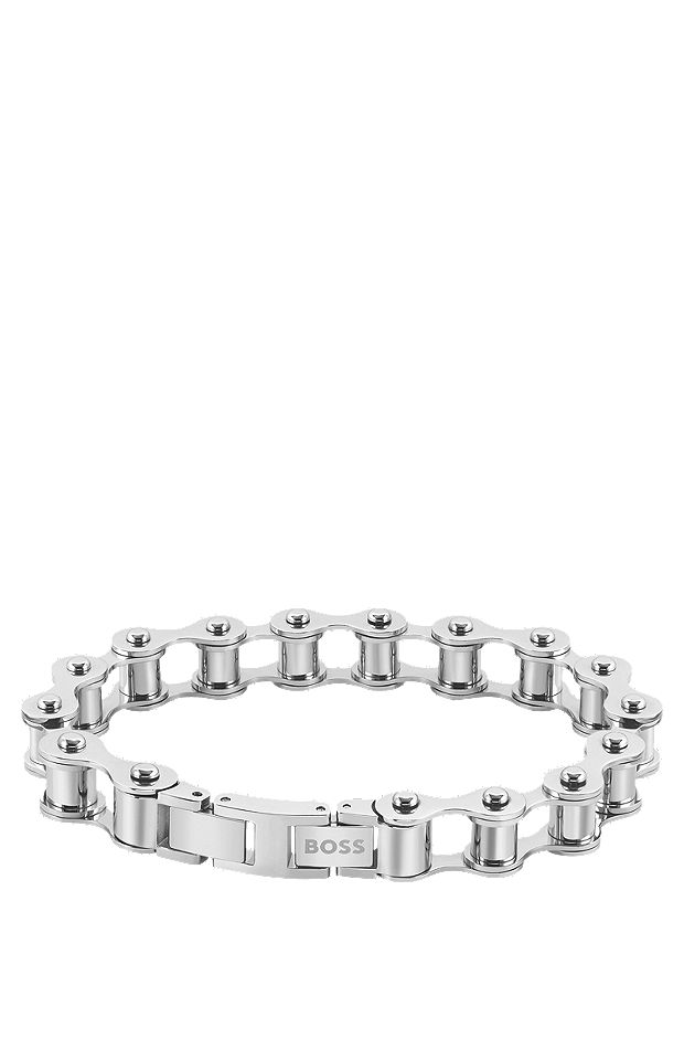 Bike-chain-inspired cuff with branded closure, Silver