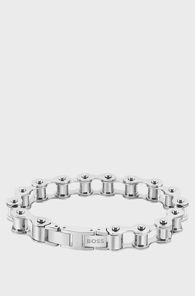 Bike-chain-inspired cuff with branded closure, Silver