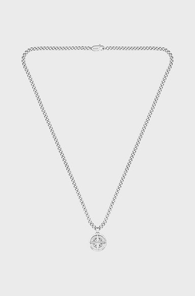Stainless-steel chain necklace with compass pendant, Silver