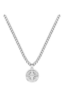 Stainless-steel chain necklace with compass pendant, Silver tone