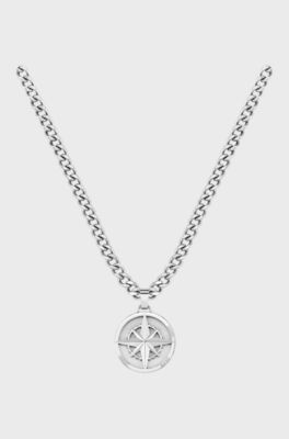 Stainless-steel chain necklace with compass pendant, Silver tone