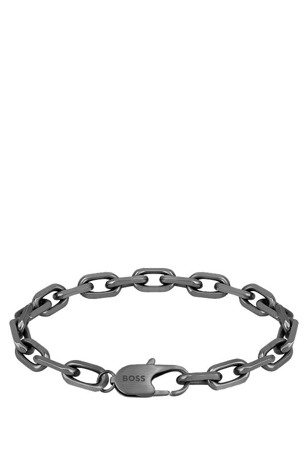 Bracelet en acier plaqué gris avec fermoir logoté, Argent