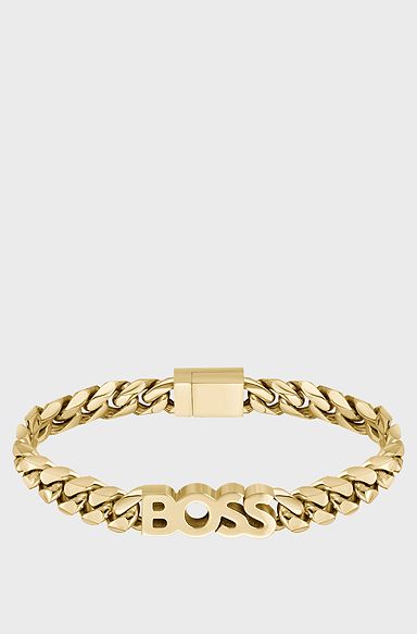 Gold-tone chain cuff with logo lettering, Gold