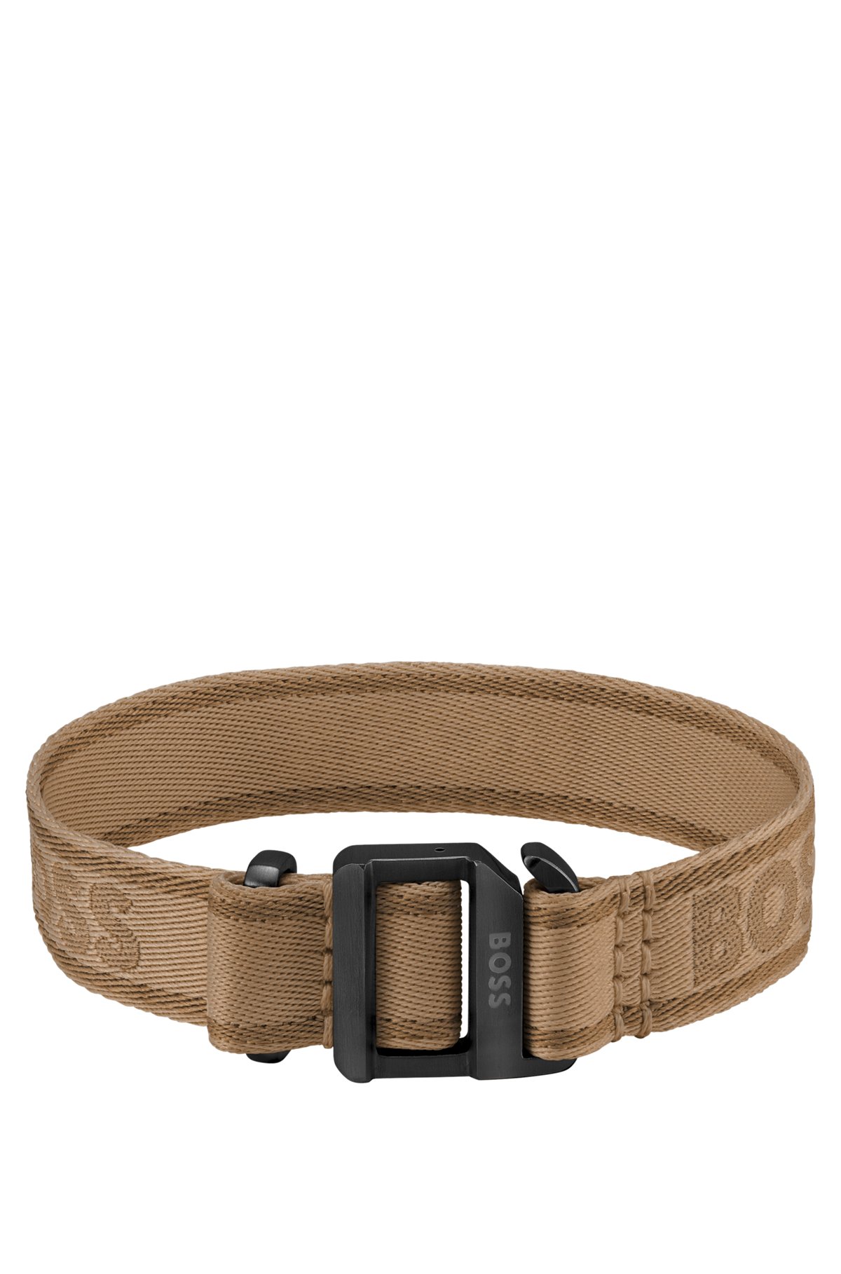 Camel-coloured woven logo-strap cuff with adjustable buckle, Light Brown
