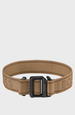 Camel-coloured woven logo-strap cuff with adjustable buckle, Light Brown