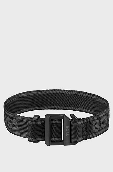 Black woven logo-strap cuff with adjustable buckle, Black