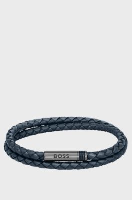 Double-wrap cuff in blue braided leather, Dark Blue