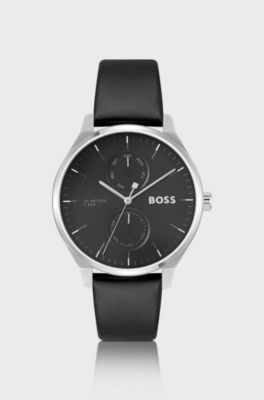 Klocka med svart urtavla och l&auml;derarmband, Svart