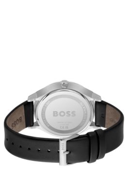 Black-dial watch with leather strap, Black