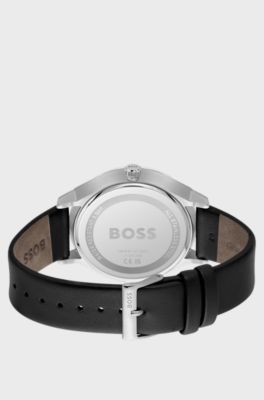 Klocka med svart urtavla och l&auml;derarmband, Svart