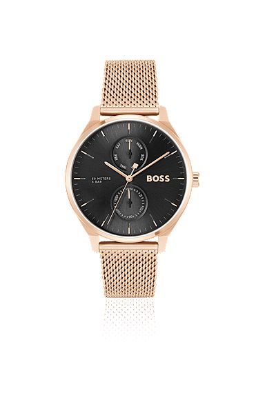 Black-dial watch with carnation-gold-tone mesh bracelet, Gold