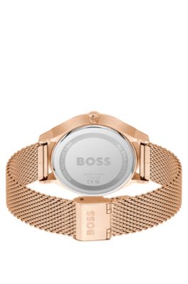 Black-dial watch with carnation-gold-tone mesh bracelet, Gold