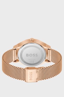 Uhr mit schwarzem Zifferblatt und orangegoldfarbenem Mesh-Armband, Gold