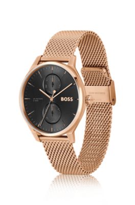 Black-dial watch with carnation-gold-tone mesh bracelet, Gold