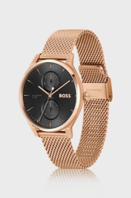 Black-dial watch with carnation-gold-tone mesh bracelet, Gold