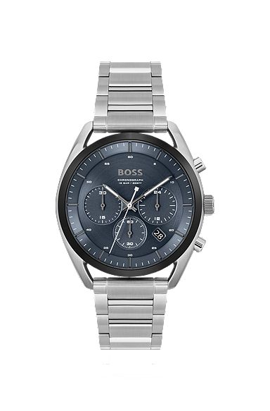 Blue-dial chronograph watch with link bracelet, Silver