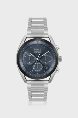 Blue-dial chronograph watch with link bracelet, Silver