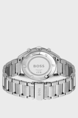 Blue-dial chronograph watch with link bracelet, Silver